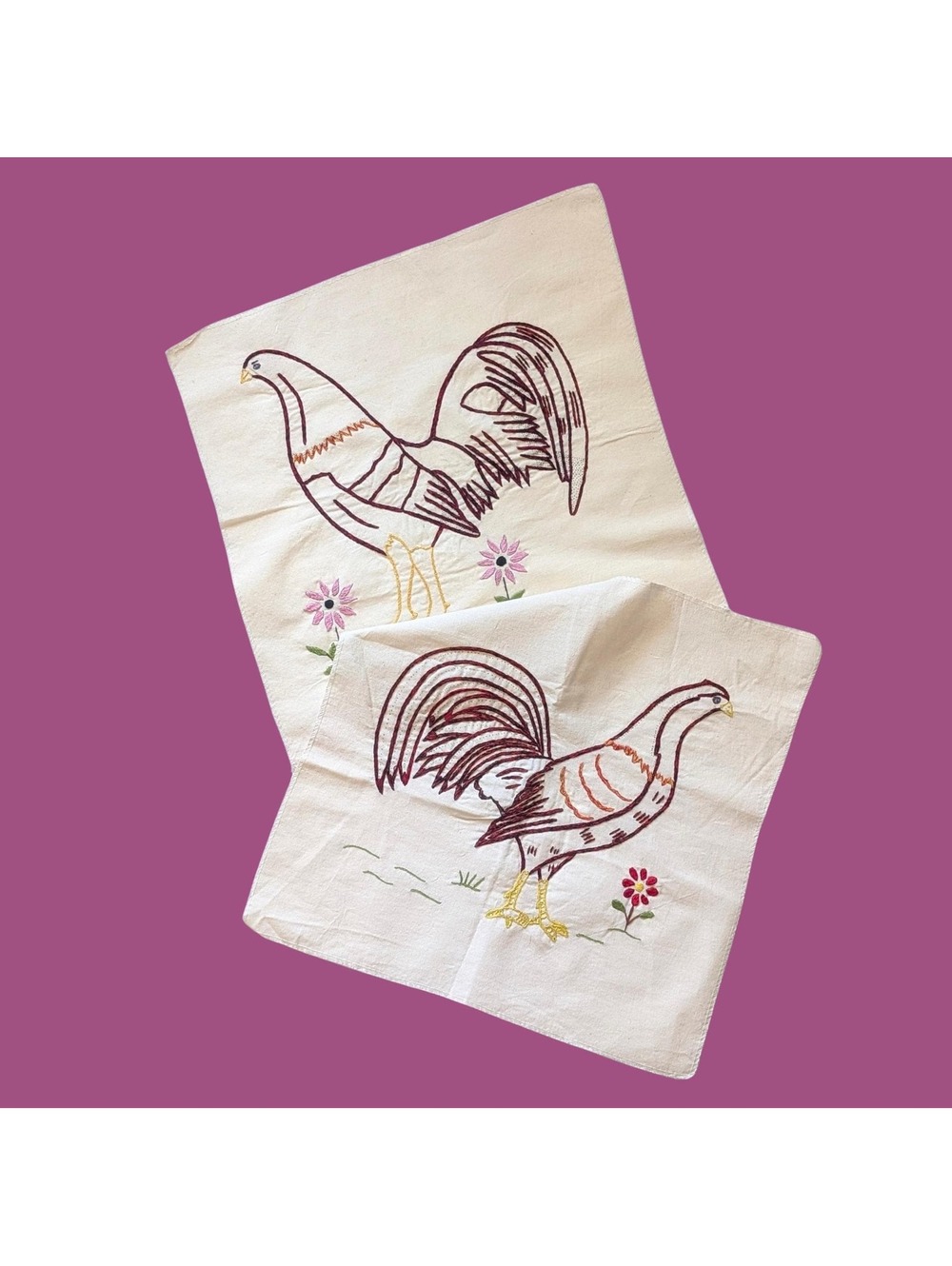 Pair of Embroidered Fabric Panels with Birds and Flowers